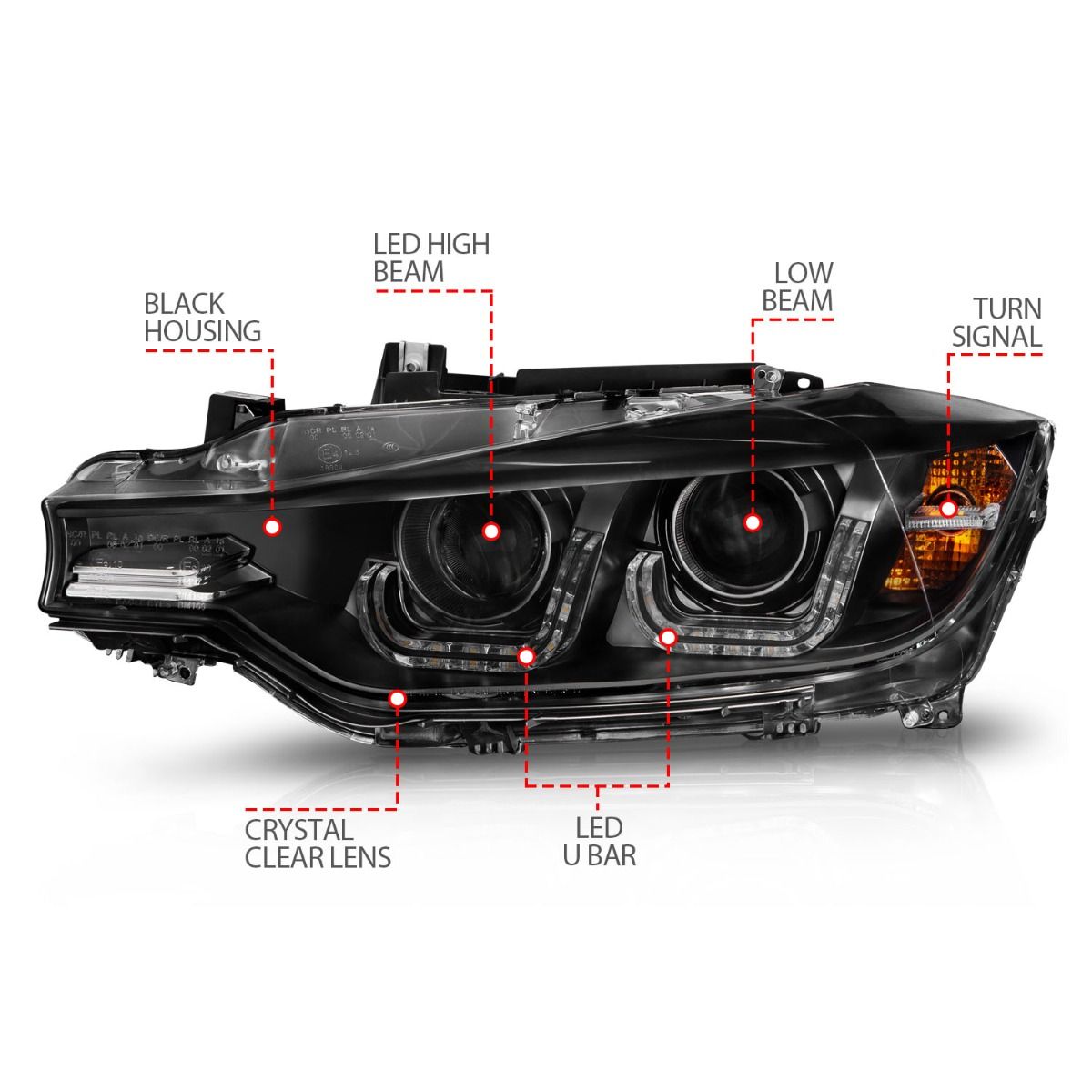 BMW 3 Series F30 12-15 4DRr Projector Headlights U-bar Black - Image 4