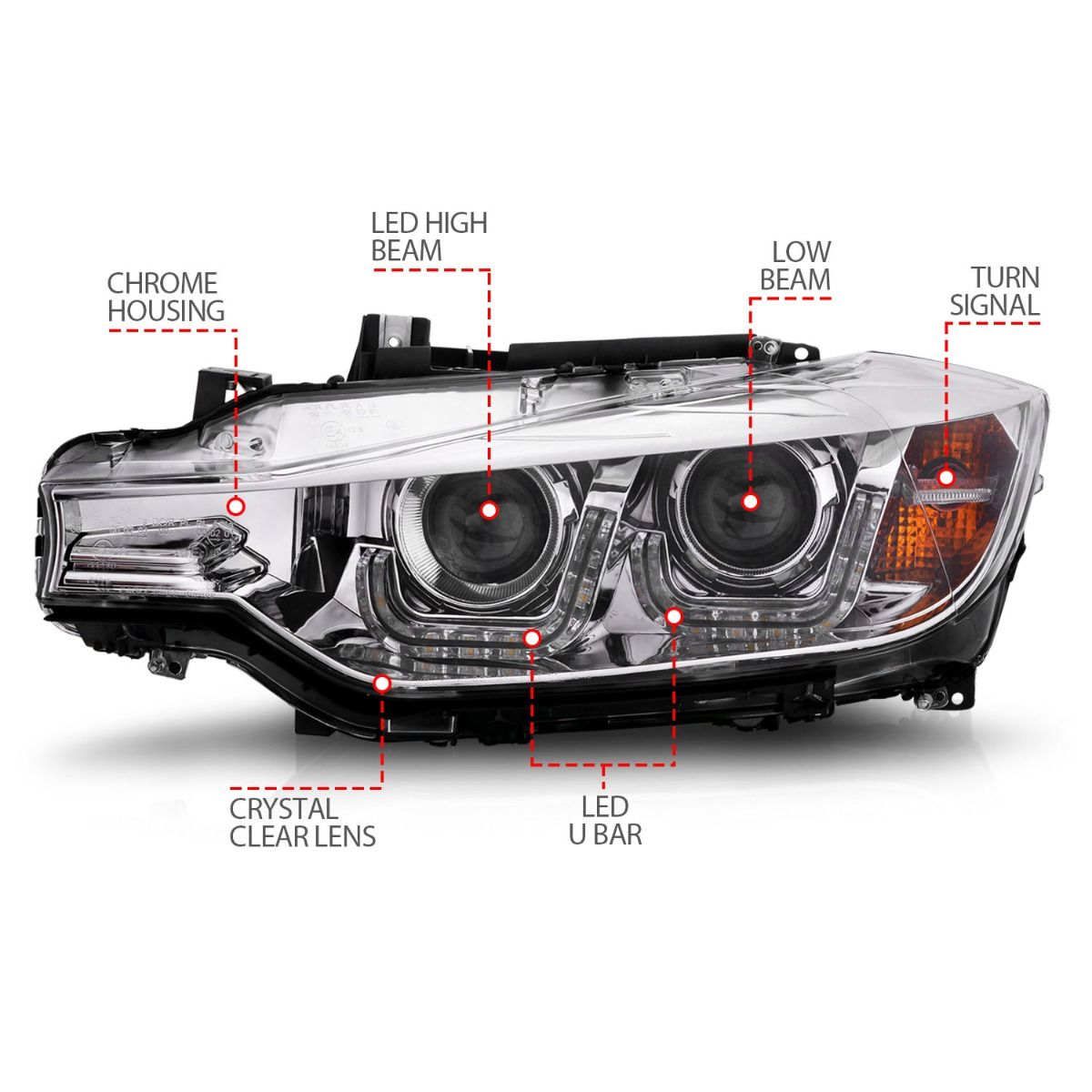 BMW 3 Series F30 12-15 4DR Projector Headlights U-bar Chrome - Image 4