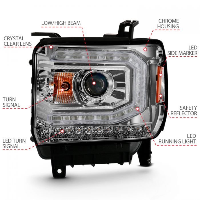 GMC Sierra 1500 16-19 Projector Headlight Plank Style Chrome - Image 4