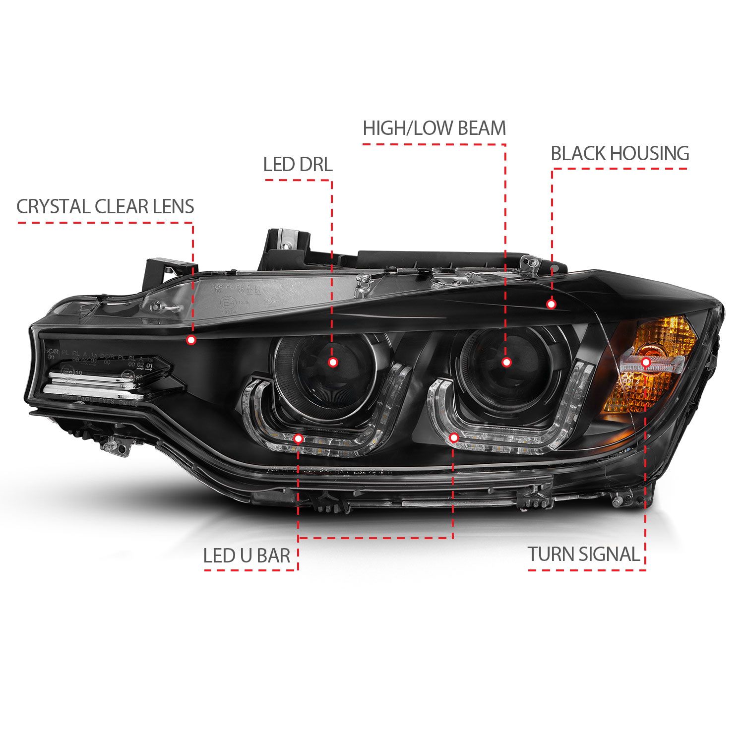 BMW 3 Series F30 4DR 12-15 Projector Headlights U-bar Black - Image 4