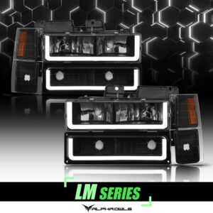 Alpha Owls 1994-1999 Chevy Suburban LM Series Headlights w/Corner Lights (Crystal Headlights Black housing w/ LumenX Light Bar)