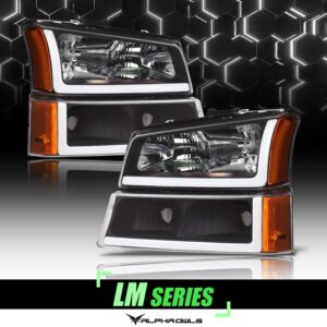Alpha Owls 2003-2006 Chevy Silverado 1500/2500/3500 LM Series Headlights (Crystal Headlights Black housing w/ LumenX Light Bar)