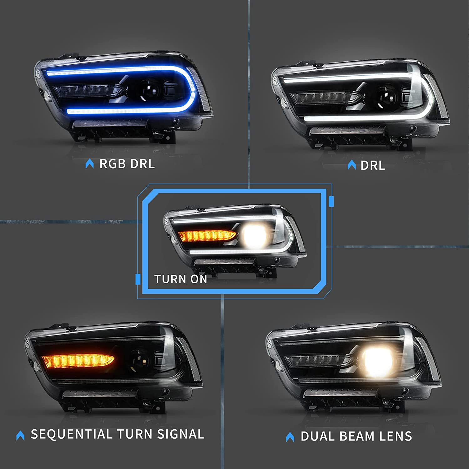 VLAND LED RGB Headlights Multicolor DRL For Dodge Charger 2011-2014 Headlamps Assembly - Image 3