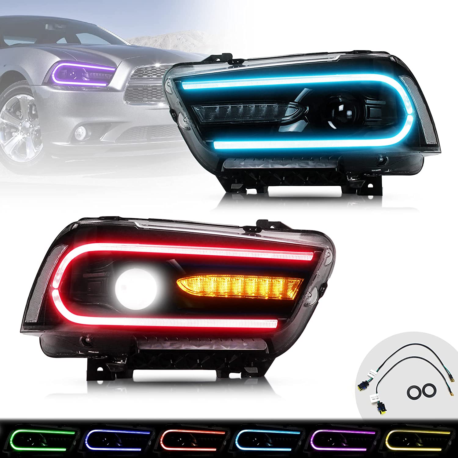 VLAND LED RGB Headlights Multicolor DRL For Dodge Charger 2011-2014 Headlamps Assembly