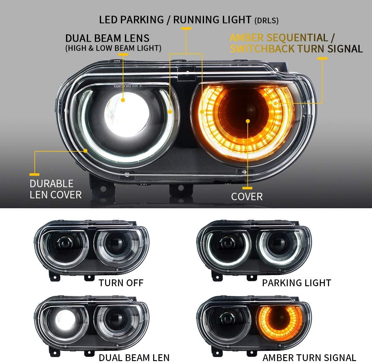 VLAND LED Halo Headlights For Dodge Challenger 2008-2014 Dual Beam DRL(White) With Sequential Turn Signals - Image 3