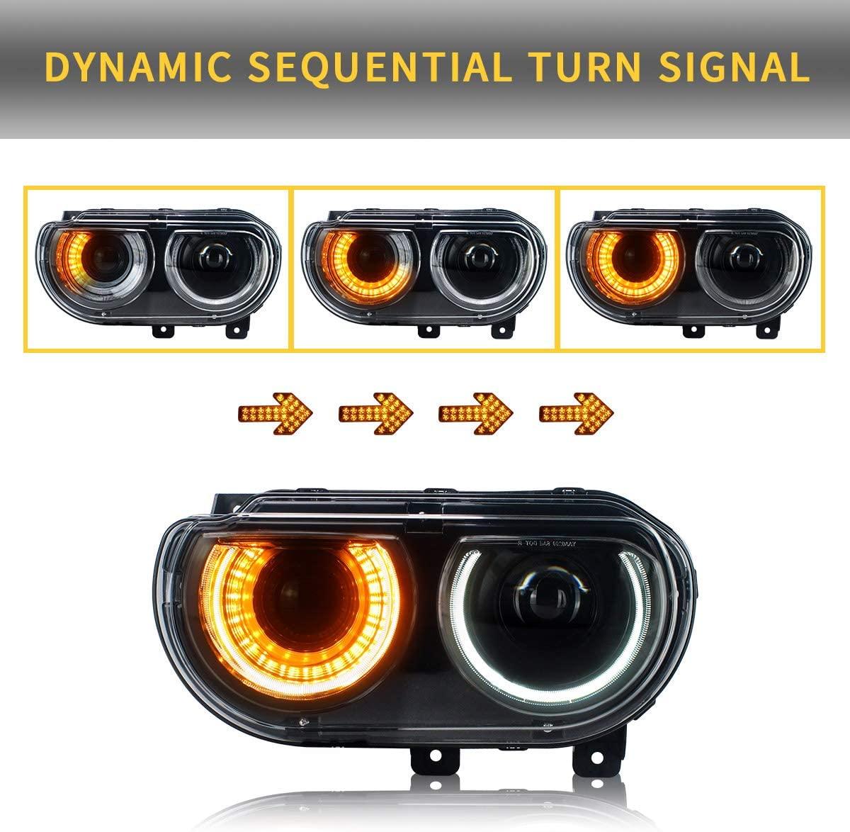 VLAND LED Halo Headlights For Dodge Challenger 2008-2014 Dual Beam DRL(White) With Sequential Turn Signals - Image 4